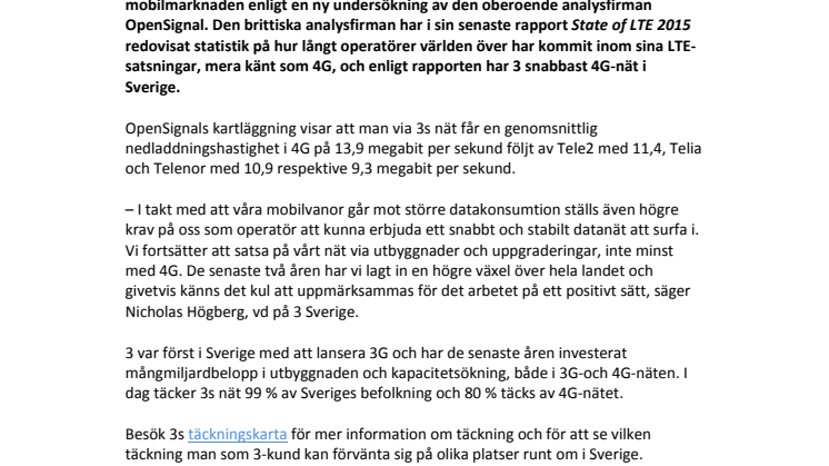 Oberoende undersökning visar: 3 snabbast på 4G i Sverige