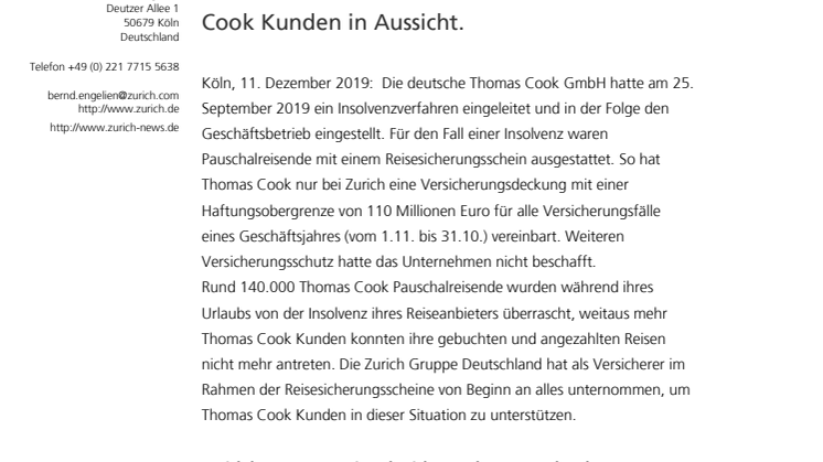 Zurich startet mit Erstattungen an Kunden der insolventen Thomas Cook Deutschland GmbH. Bundesregierung stellt Ausgleich für Thomas Cook Kunden in Aussicht.