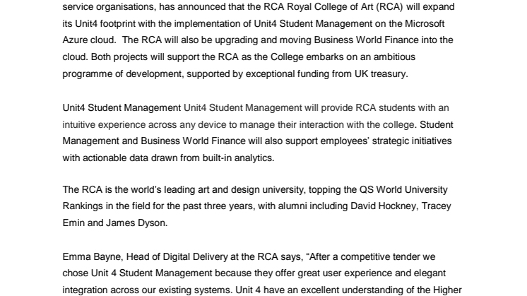 Anrika konsthögskolan Royal College of Art väljer Unit4 Student Management för att bättre stötta studenter