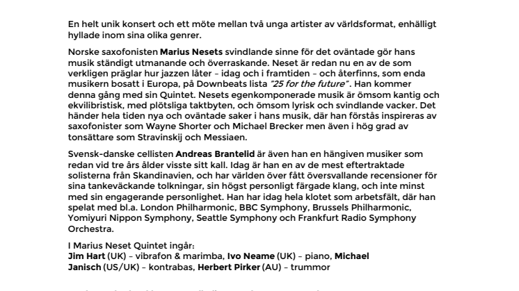 Marius Neset Quintet & Andreas Brantelid – unikt möte i världsformat på Palladium Malmö 4 oktober