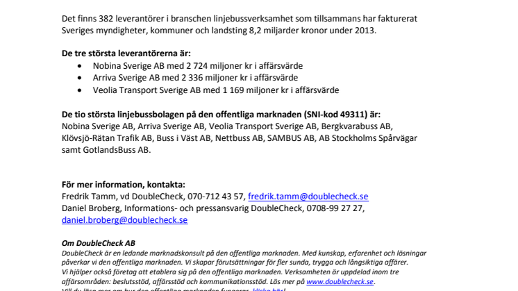 Marknadsvärdet för branschen ”Linjebussar” på den  offentliga marknaden uppgår till 8,2 miljarder kronor