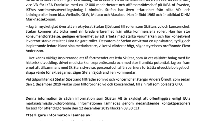 SKISTAR UTSER STEFAN SJÖSTRAND TILL VERKSTÄLLANDE DIREKTÖR