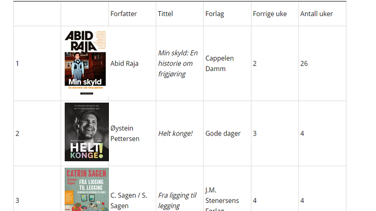 På Boklista for generell litteratur er Min skyld av Abid Raja på topp. Boken har nå ligget sammenhengende i et halvt år på bestselgerlisten. 