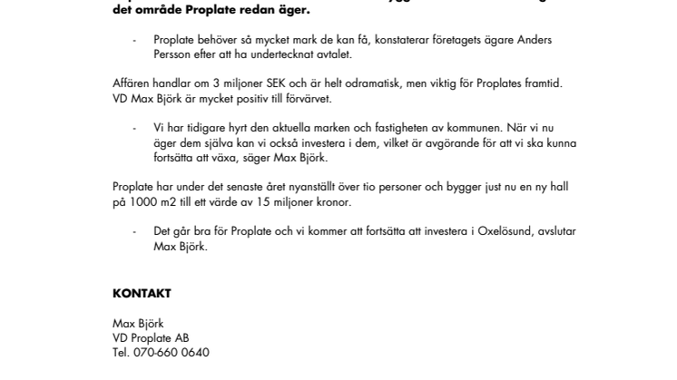 Proplate köper mer mark för fortsatta investeringar