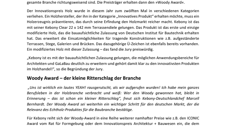 Offiziell innovativ: Kebony mit Woody Award vom GD Holz ausgezeichnet