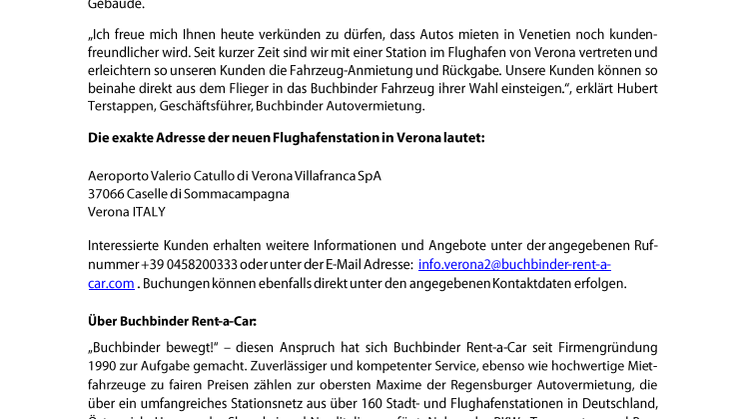 Buchbinder jetzt auch im Flughafen Verona  