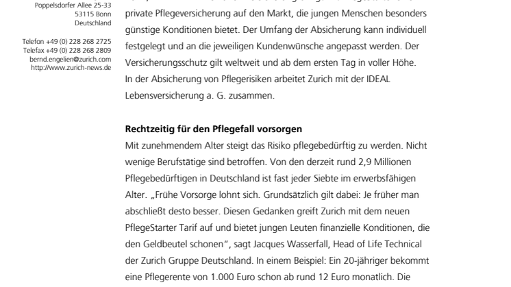 Frühe Vorsorge lohnt sich – Zurich bietet ab sofort einen Einsteigertarif bei privater Pflegeversicherung 