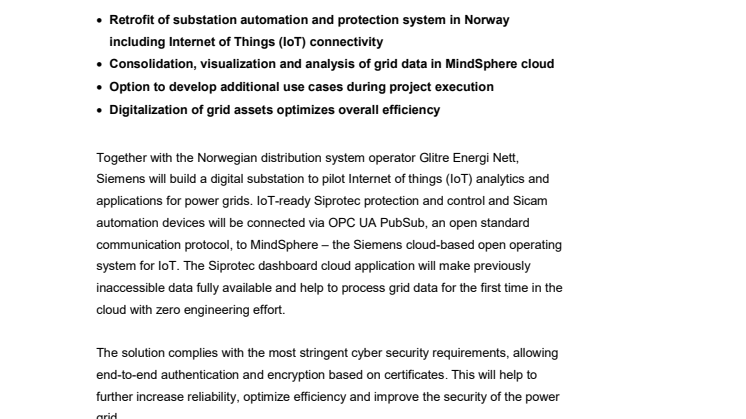 Siemens to build digital substation with grid IoT applications for Glitre Energi Nett