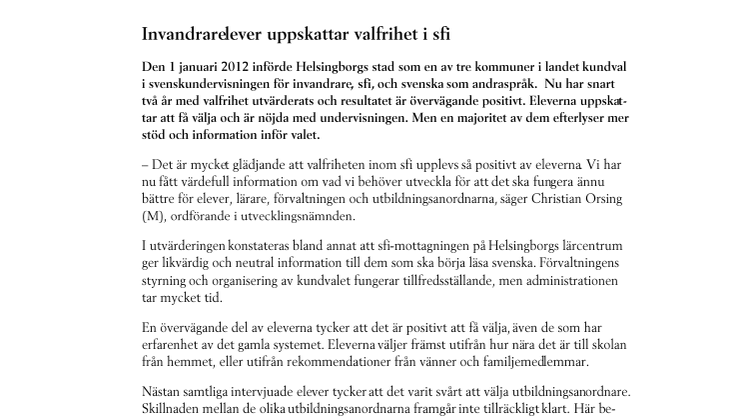 Invandrarelever uppskattar valfrihet i sfi
