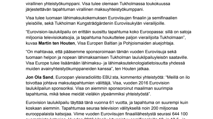 Visa Europe Euroviisujen sponsoriksi