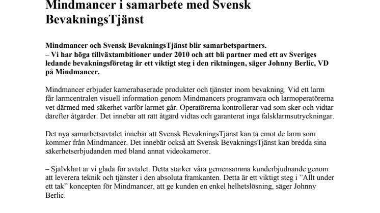 Mindmancer i samarbete med Svensk BevakningsTjänst