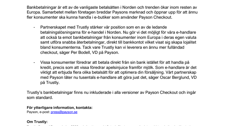 Payson lägger till Trustly som betalsätt i Payson Checkout