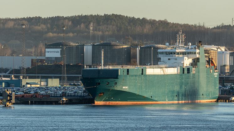 Fartyget M/V Minchah premiäranlöpte Göteborgs hamn under måndagen. Bild: Göteborgs Hamn AB.