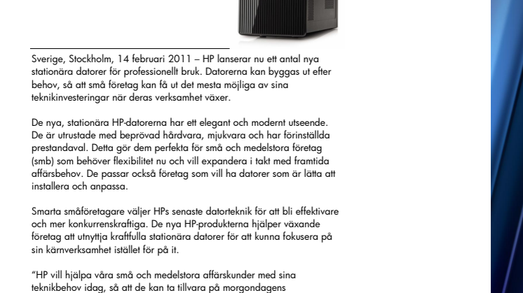 HP lanserar nya stationära datorer för växande företag - HP Pro 3130 Mini-tower Business PC och HP Pro 3135 Microtower Business PC nu tillgängliga