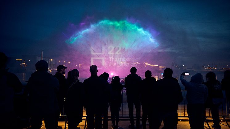 Crowds watch a water projection show at Ångfärjeparken in Helsingborg during H22 City Expo. 