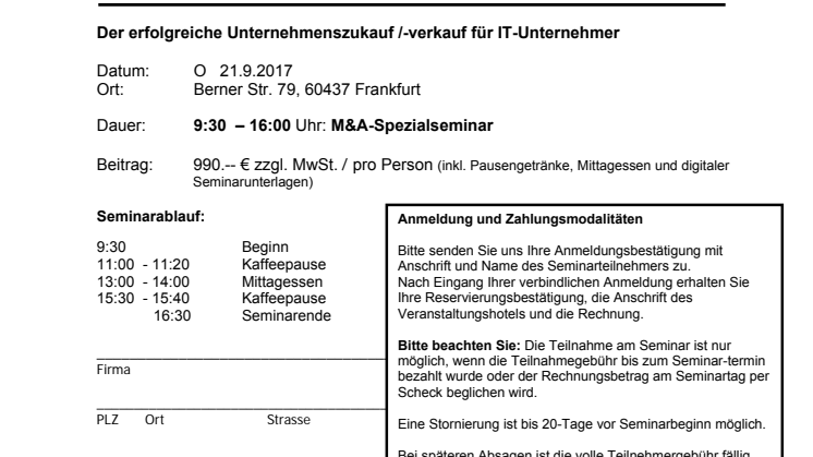 Anmeldung/Agenda. Unternehmens-zu und -verkauf, Unternehmensbewertung  für IT-Unternehmer