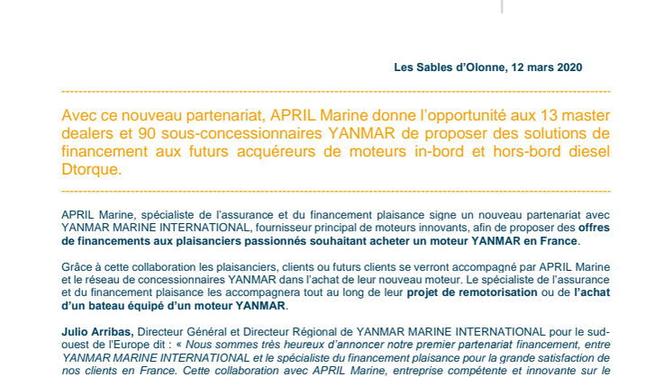 APRIL Marine et YANMAR annoncent leur collaboration
