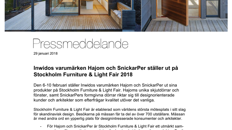 Inwidos varumärken Hajom och SnickarPer ställer ut på Stockholm Furniture & Light Fair 2018