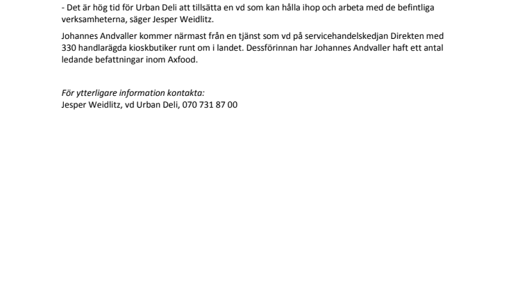 Ny vd utsedd till Urban Deli