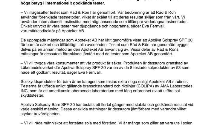 Fortsatt säkert att sola med Apoliva solspray, enligt Apoteket AB