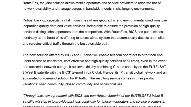BICS and Eutelsat team up to deliver satellite-based business continuity solutions for operators in Africa 