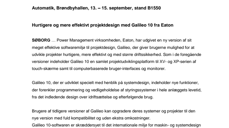 Hurtigere og mere effektivt projektdesign med Galileo 10 fra Eaton - Automatik 2016