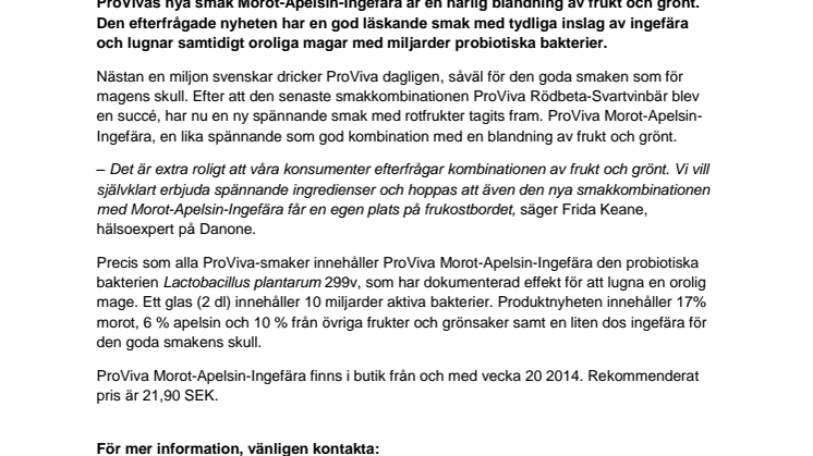 ProViva välkomnar mer frukt och grönt i hyllan! ‒ Äntligen är ProVivas nya smak Morot-Apelsin-Ingefära här! 