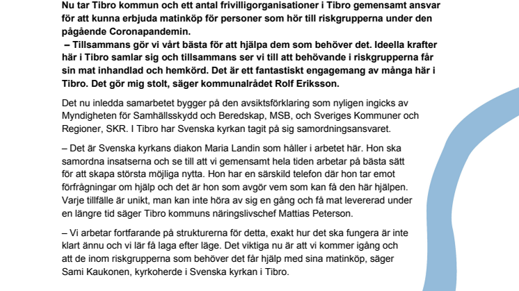 Pressmeddelande om Tibro kommuns samarbete med frivilligorganisationer om matleveranser under Coronapandemin