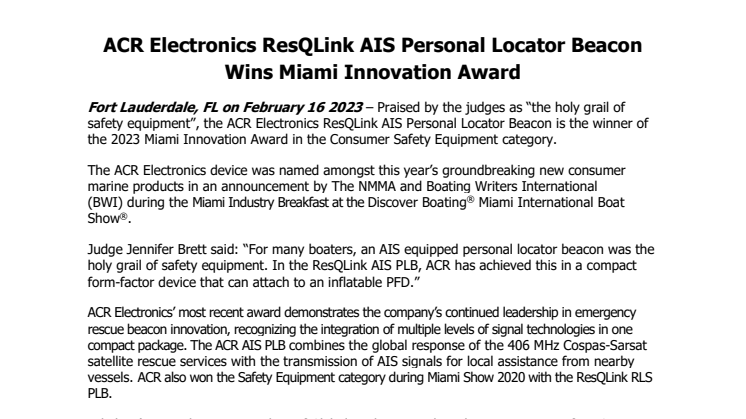Feb 16 - ACR Electronics ResQLink AIS PLB Wins Miami Innovation Award.pdf