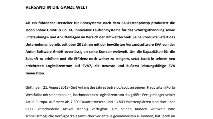 TECHNOLOGIE-UPGRADE IM NEUEN LOGISTIKZENTRUM: JACOB SETZT AUF INNOVATIVES VERSANDSYSTEM EVA7 VON ANTON