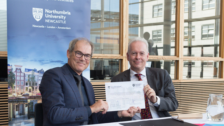 l-r Dr Geleyn Meijer and Professor Andrew Wathey in Amsterdam with the signed partnership document