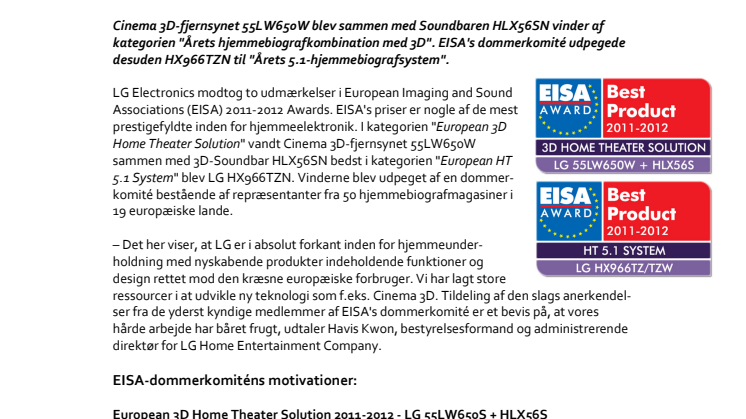 LG Electronics tildelt prestigefyldte EISA-udmærkelser for sine innovative 3D-produkter