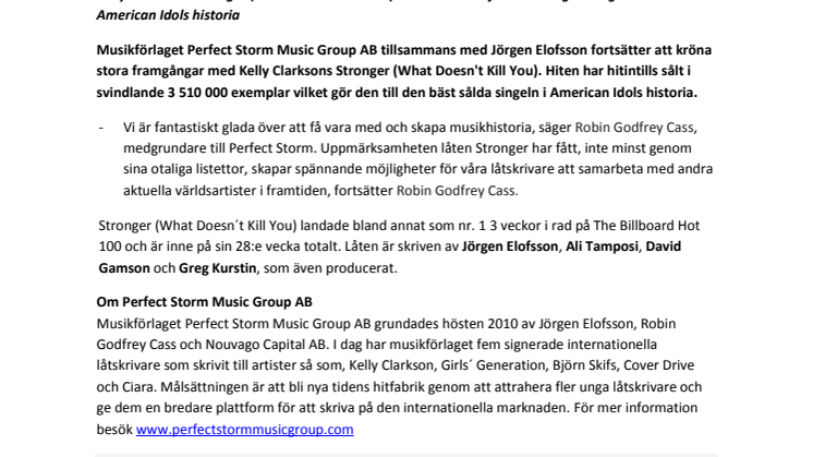 Nouvago Capital ABs portföljbolag Perfect Storm tillsammans med Jörgen Elofsson skapar musikhistoria i USA