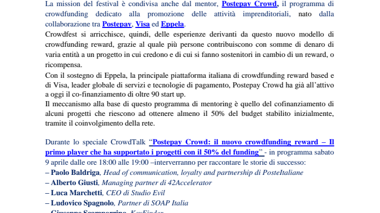 Crowdfest, il primo festival italiano sul crowdfunding, per lo sviluppo delle idee e la diffusione di progetti innovativi