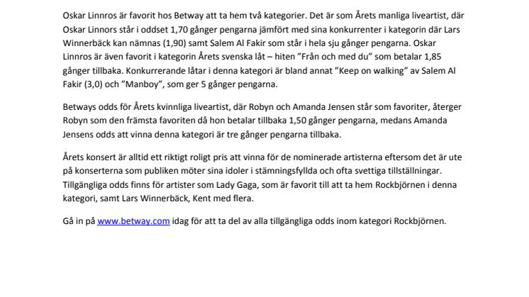 Odds på Rockbjörnen hos Betway!