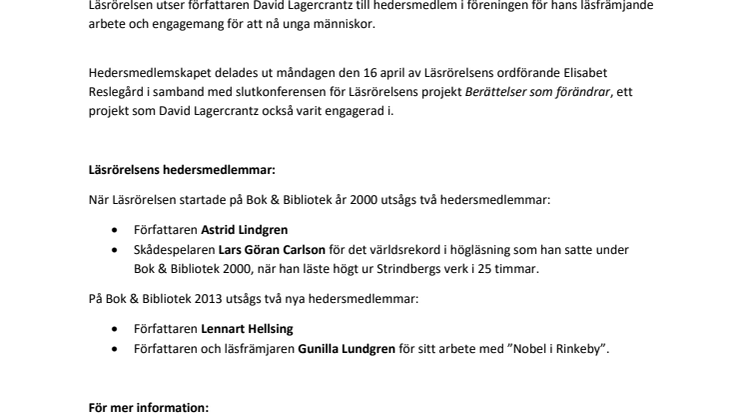 David Lagercrantz blir hedersmedlem i Läsrörelsen 