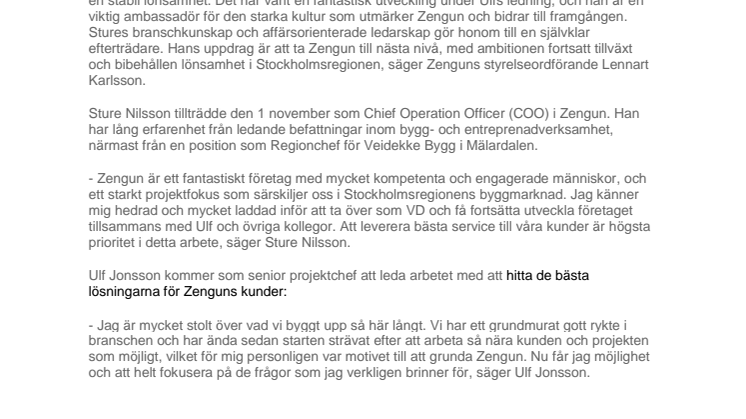 Sture Nilsson ny VD i byggentreprenören Zengun 