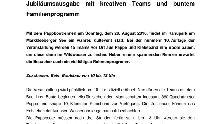 Pressemitteilung zum Programm des Pappbootrennens im Kanupark Markkleeberg