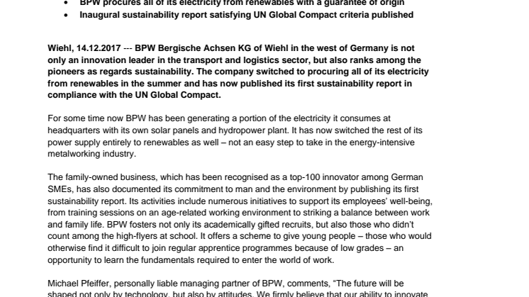 BPW accomplishes wholesale switch to green electricity and publishes sustainability report
