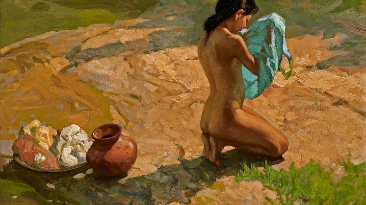 Fernando Amorsolo- Ung pige ved en flodbred. Sign. F. Amorsolo Manila 1935. Olie på lærred monteret på plade. 51 x 66..tif