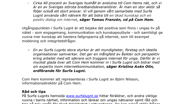 Com Hem ny samarbetspartner i Surfa Lugnt