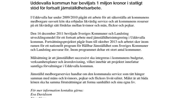 Uddevalla kommun får stöd för Hållbar Jämställdhet