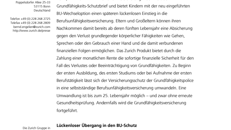 Zurich modifiziert Grundfähigkeitsabsicherung 