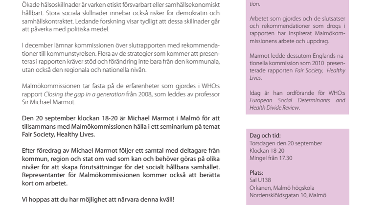 Inbjudan 20 september Michael Marmot och Malmökommissionen