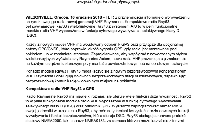 FLIR wprowadza na rynek radia nowej generacji VHF Raymarine