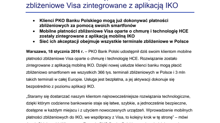 PKO Bank Polski udostępnił mobilne płatności zbliżeniowe Visa zintegrowane z aplikacją IKO