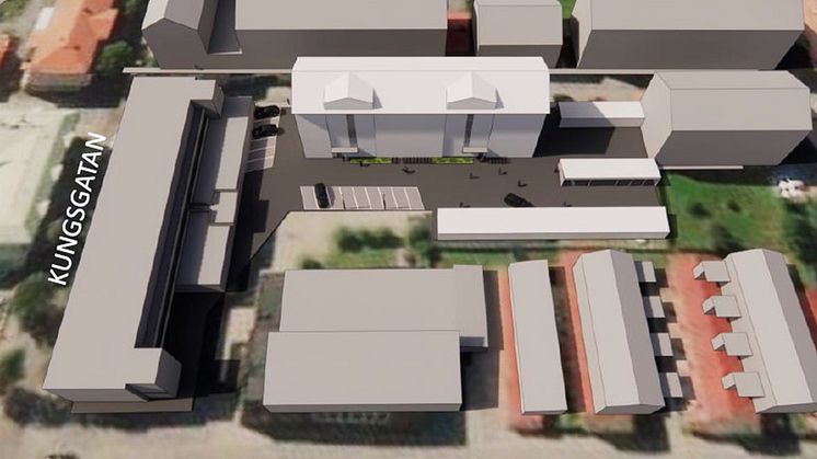 Bilden visar en skiss över var huskroppen kan placeras på HSB:s befintliga fastighet.