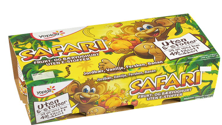 Yolplait Safari Apeyoghurt. Jordbær, vanilje, fersken, banan.