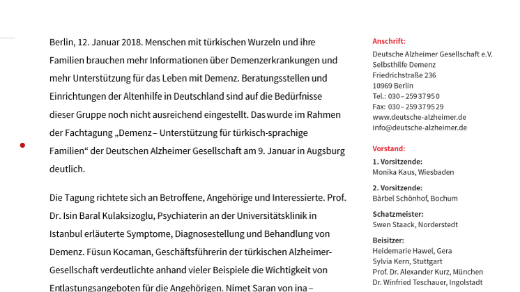 Fachtagung der Deutschen Alzheimer Gesellschaft: Mehr Information und Unterstützung für türkisch-sprachige Familien nötig