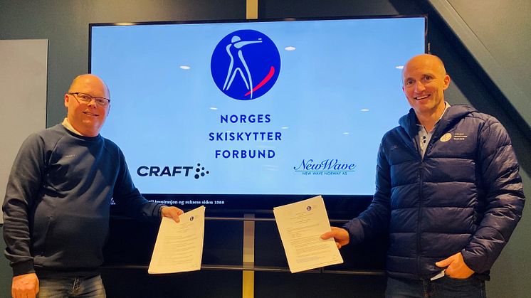 KLARE FOR SAMARBEID: Tom Henriksen, New Wave, og Morten Djupvik fra Norges Skiskytterforbund ser frem til å starte samarbeidet i 2022.
